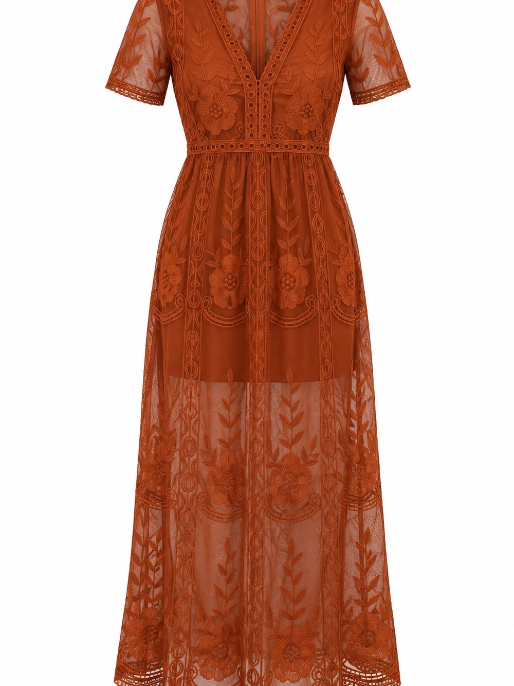 Amazon Burnt Orange Lace Maxi Dress with V-Neck